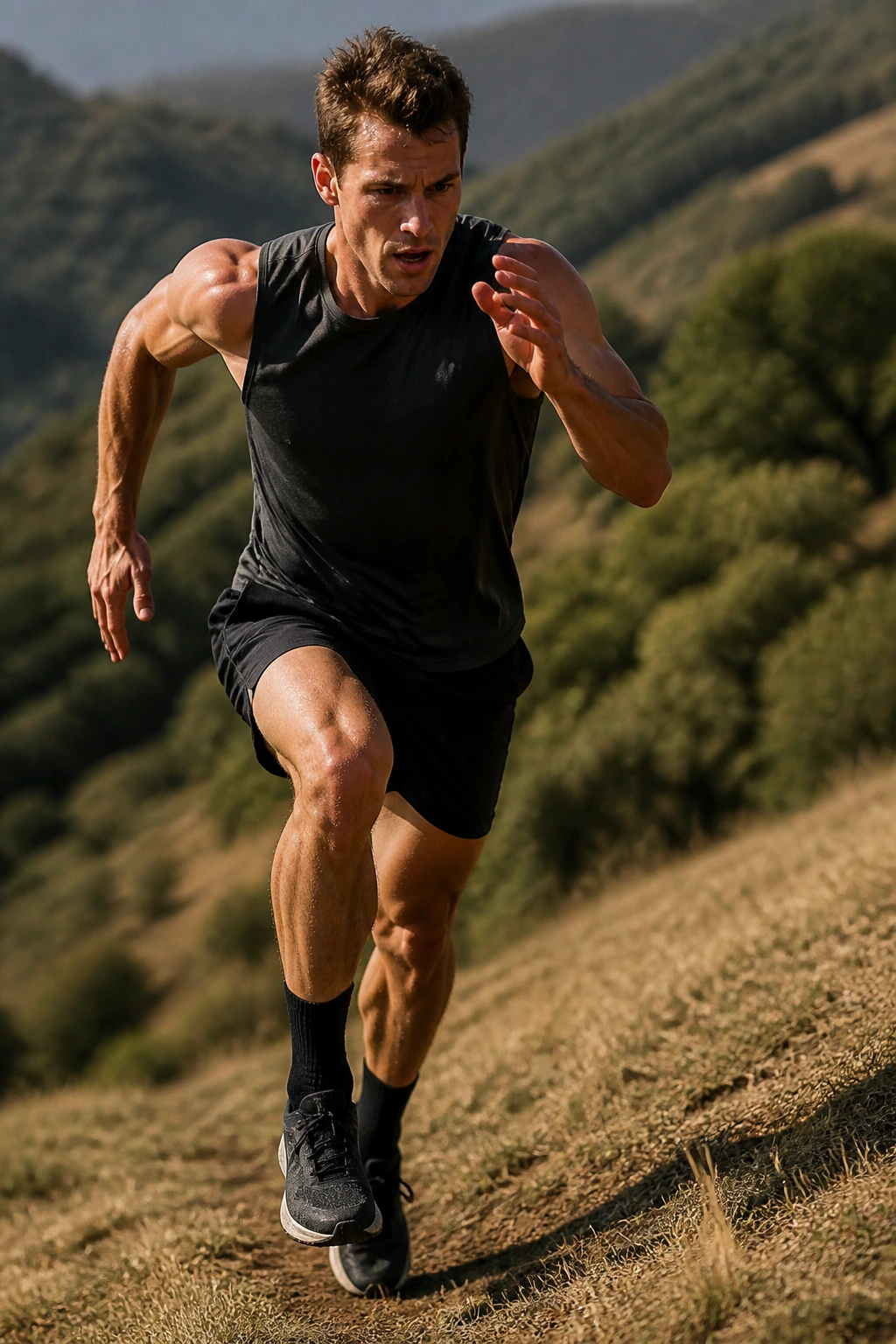 Runner sprinting uphill with controlled form during a hill ladder session