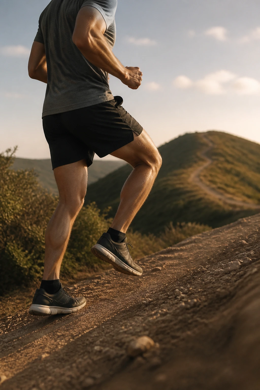 Runner climbing a hill performing hill repeats with strong but controlled effort.