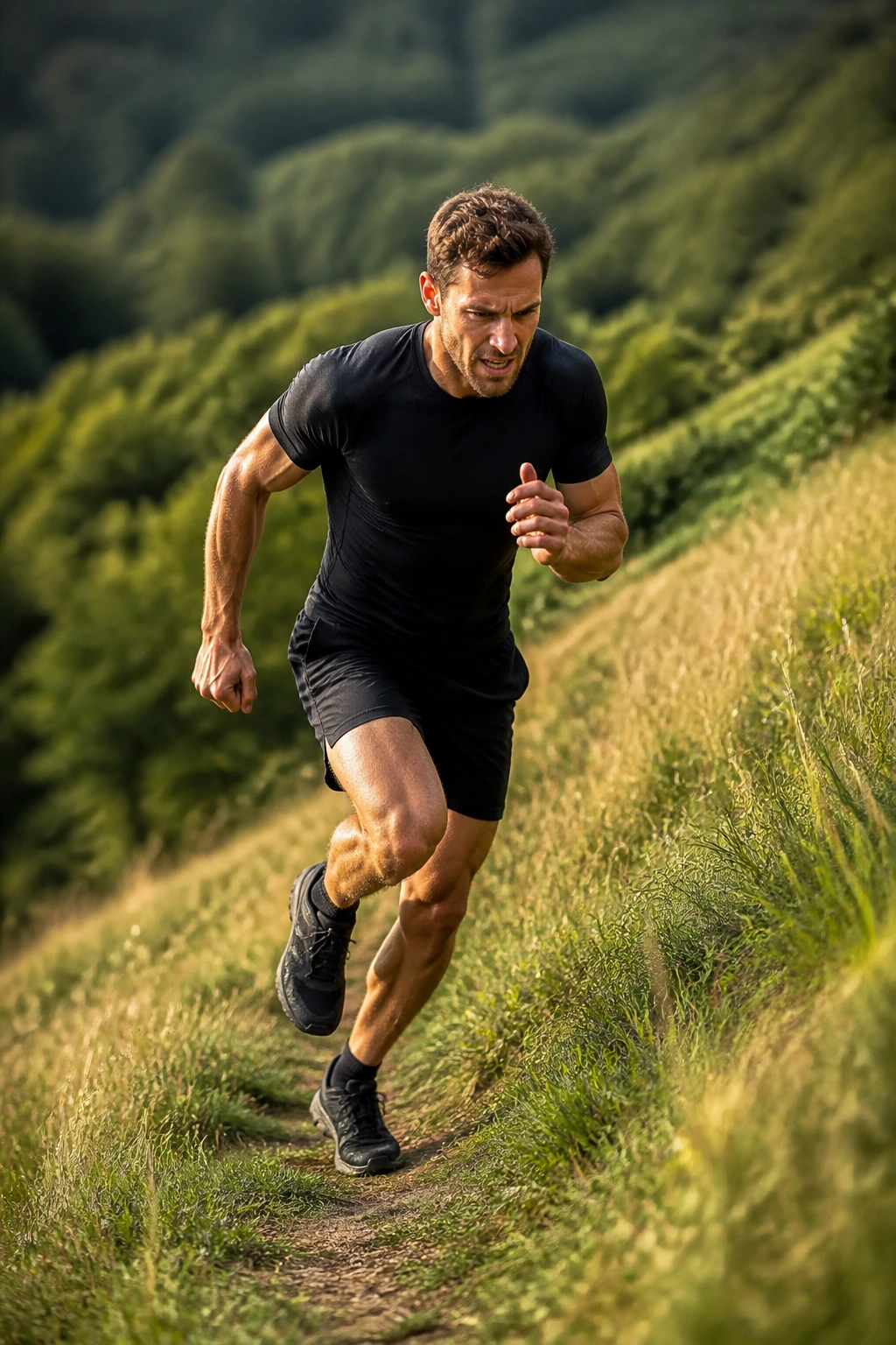 Runner performing mixed-recovery hill repeats on an uphill trail with short rests and fatigue visible