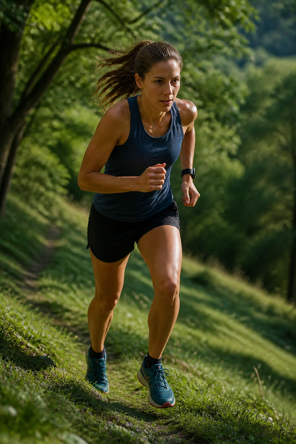 Runner ascending a gentle hill on a forest trail