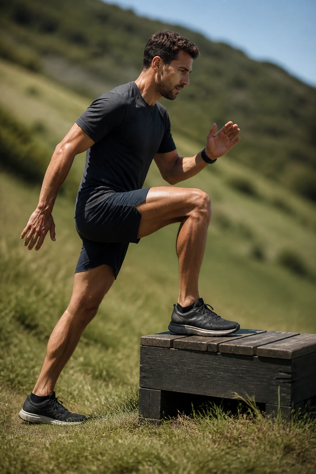 Runner performing a hill step-up on a grassy incline to build uphill power