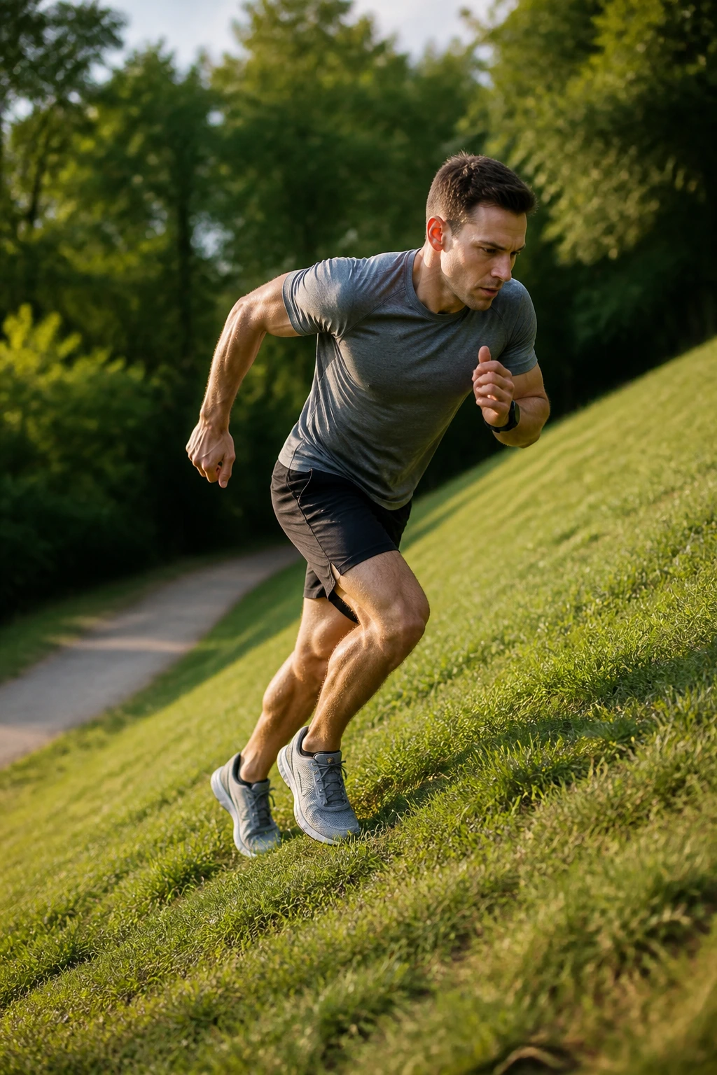 Runner performing a 12-second uphill sprint with full recovery in between reps