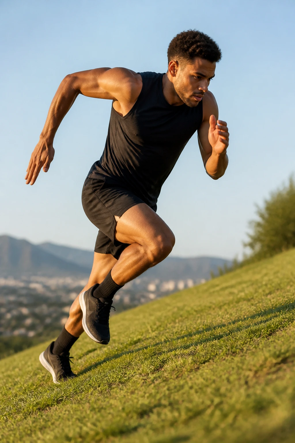 Real runner sprinting uphill on a grassy hill with explosive acceleration
