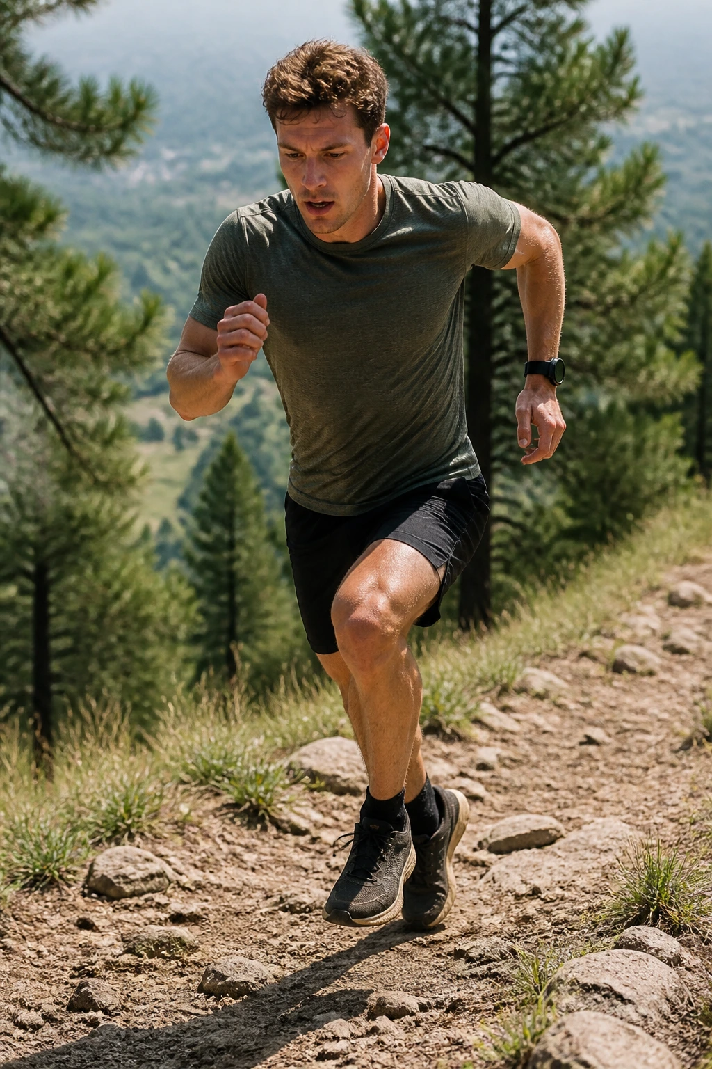 Real runner performing a repeatable hill sprint benchmark on a moderate incline