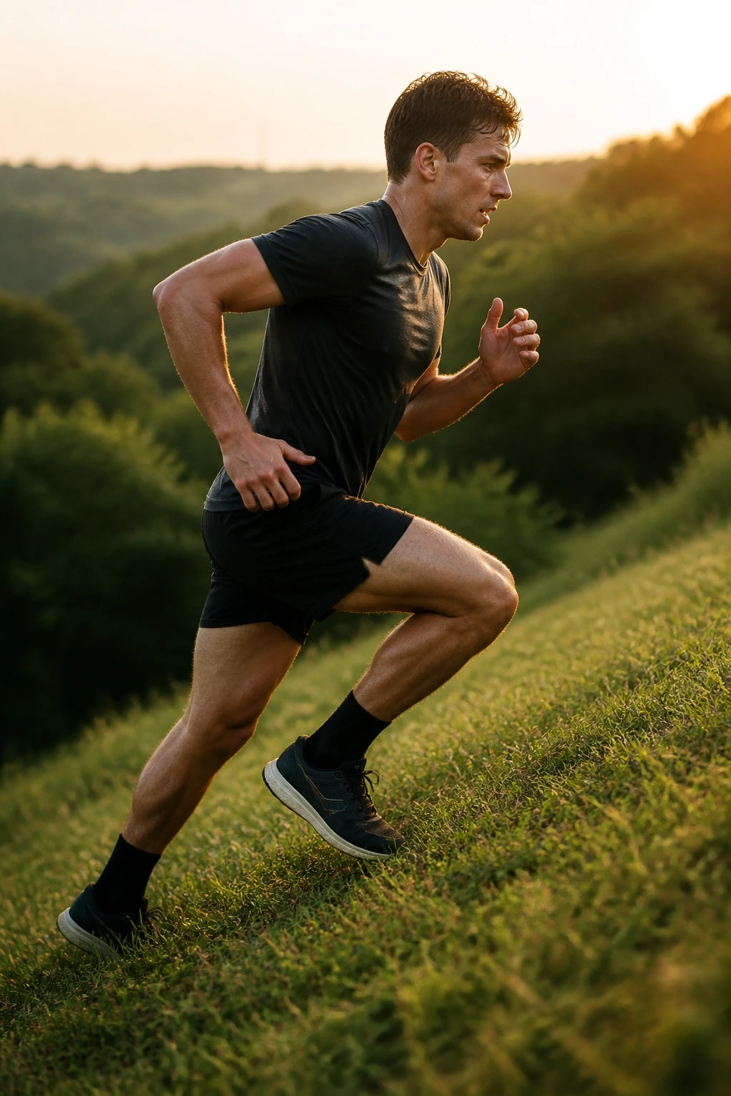 Close-up of a real runner on a grassy hill performing a 60-second hill grind to build strength under fatigue
