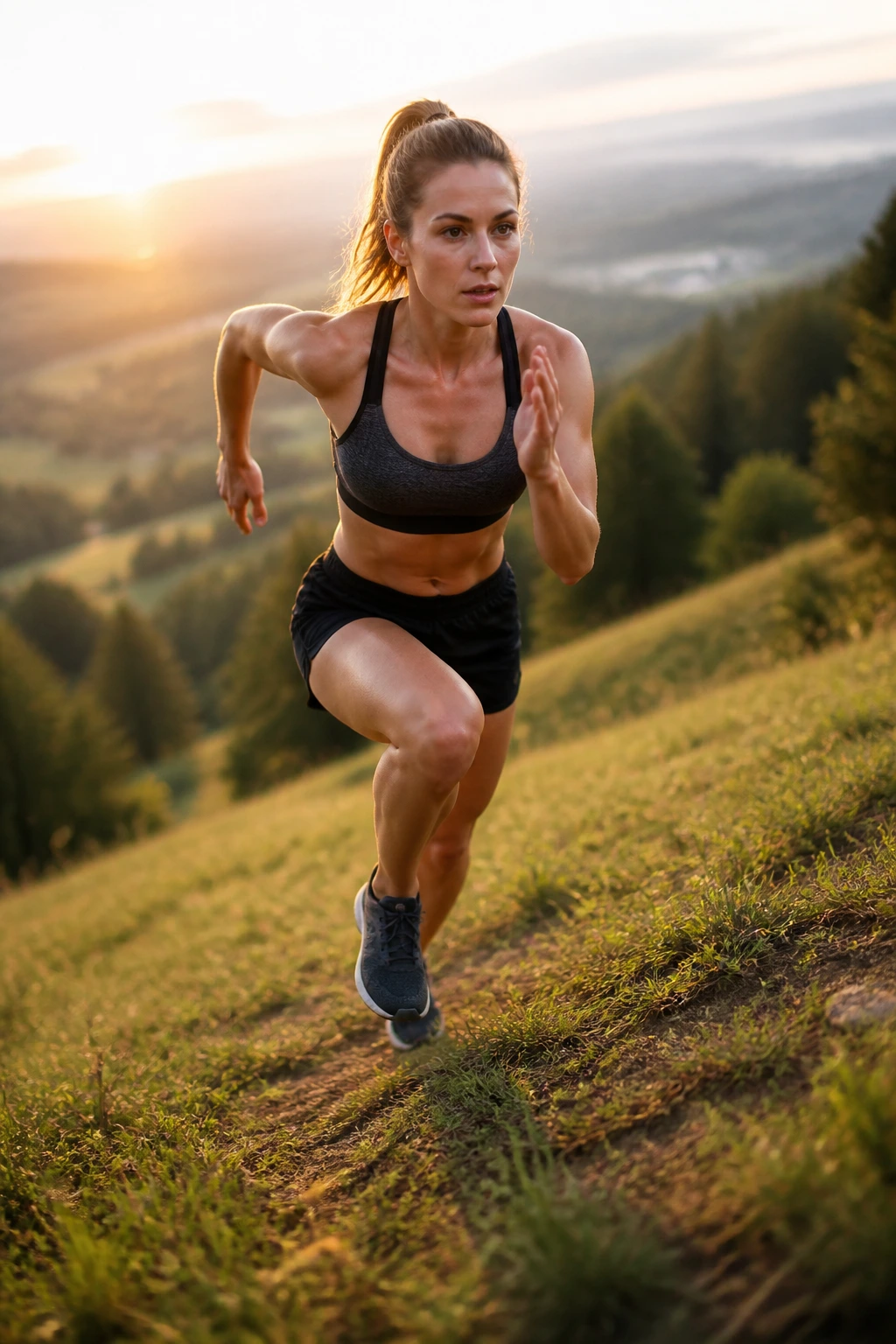 Runner sprinting uphill on grassy trail at sunrise