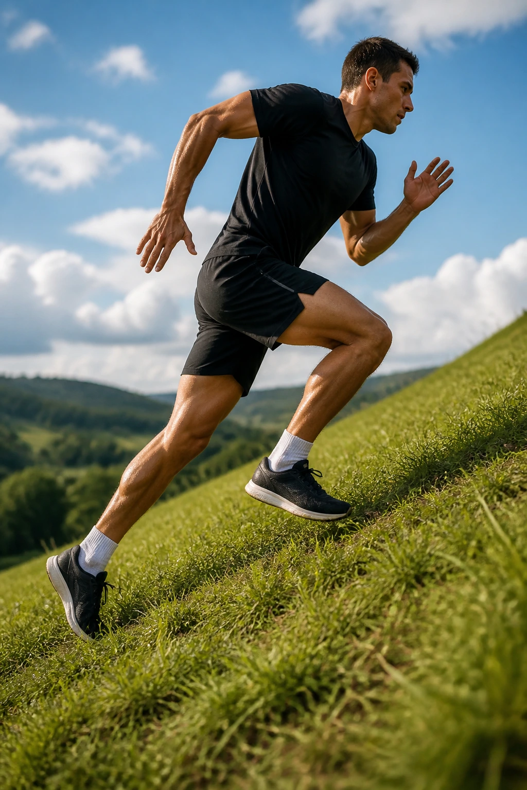 Side profile of a runner doing short hill sprints on a steep grade
