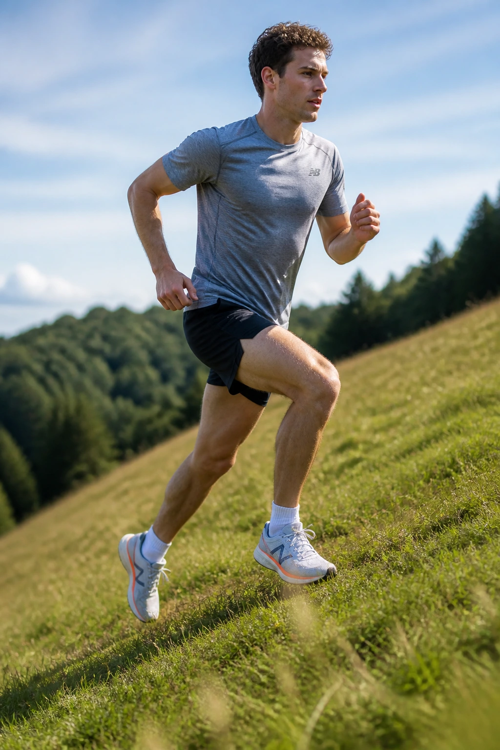Close-up of a runner hill-striding after an easy run on a sunlit grassy hill