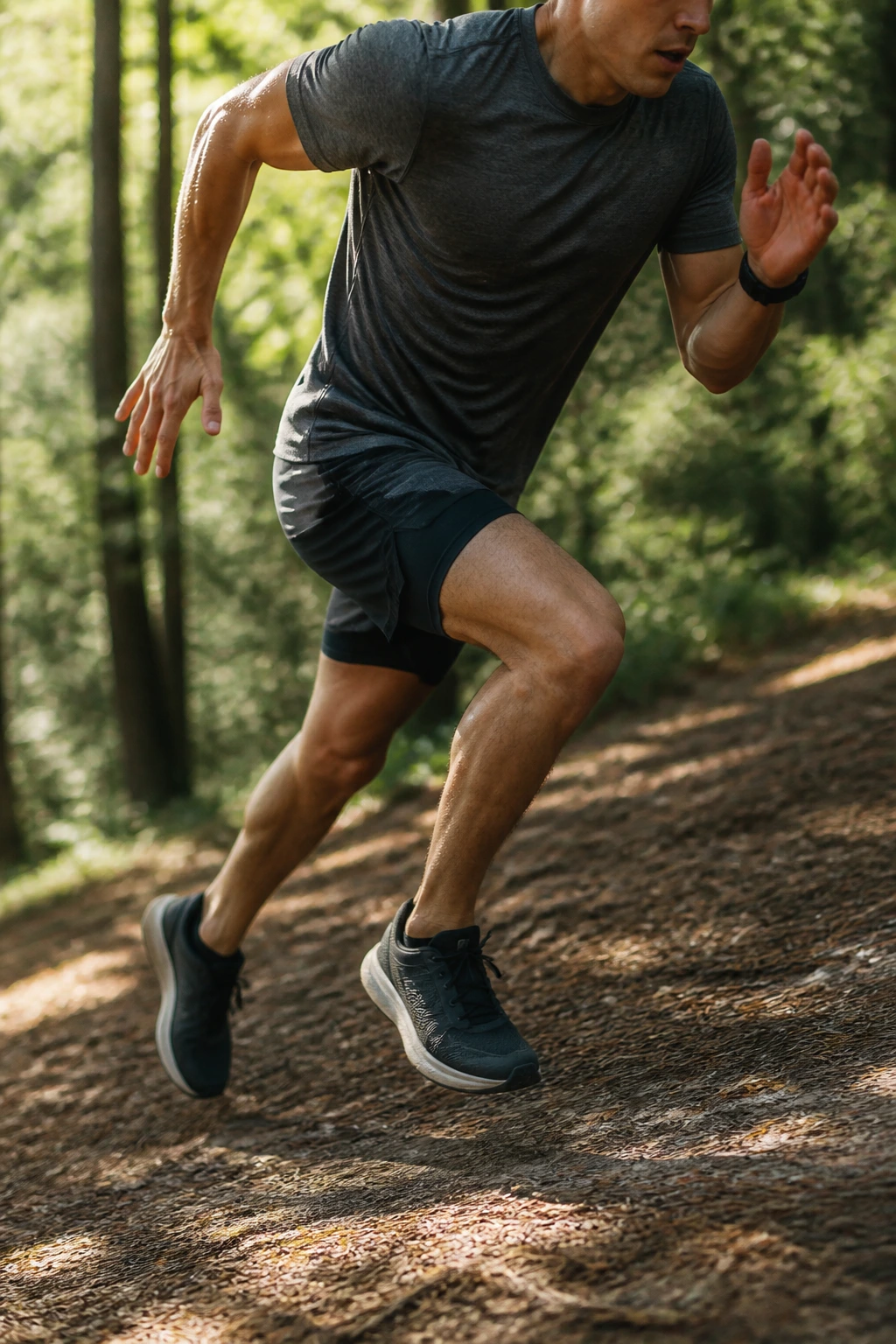 Close-up of runner on a hill performing hill-to-flat conversion repeats