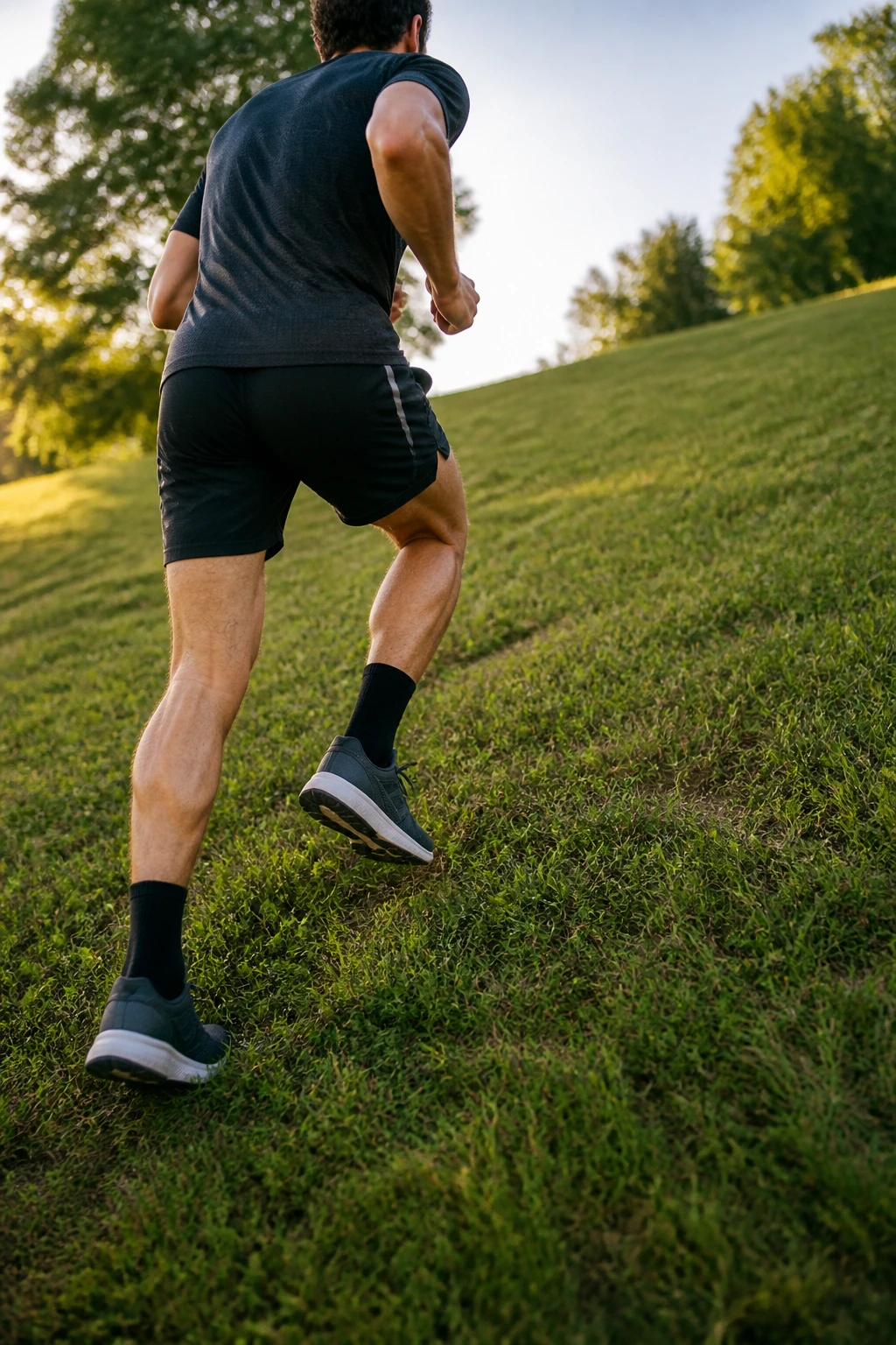 Close-up of a runner climbing a gentle hill in a park