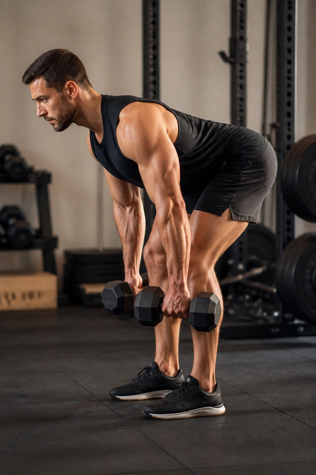 Side view of lifter performing Romanian deadlift with dumbbells near legs
