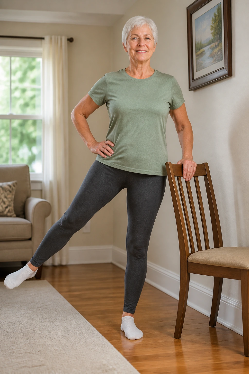 Senior performing standing hip abductions with chair for balance