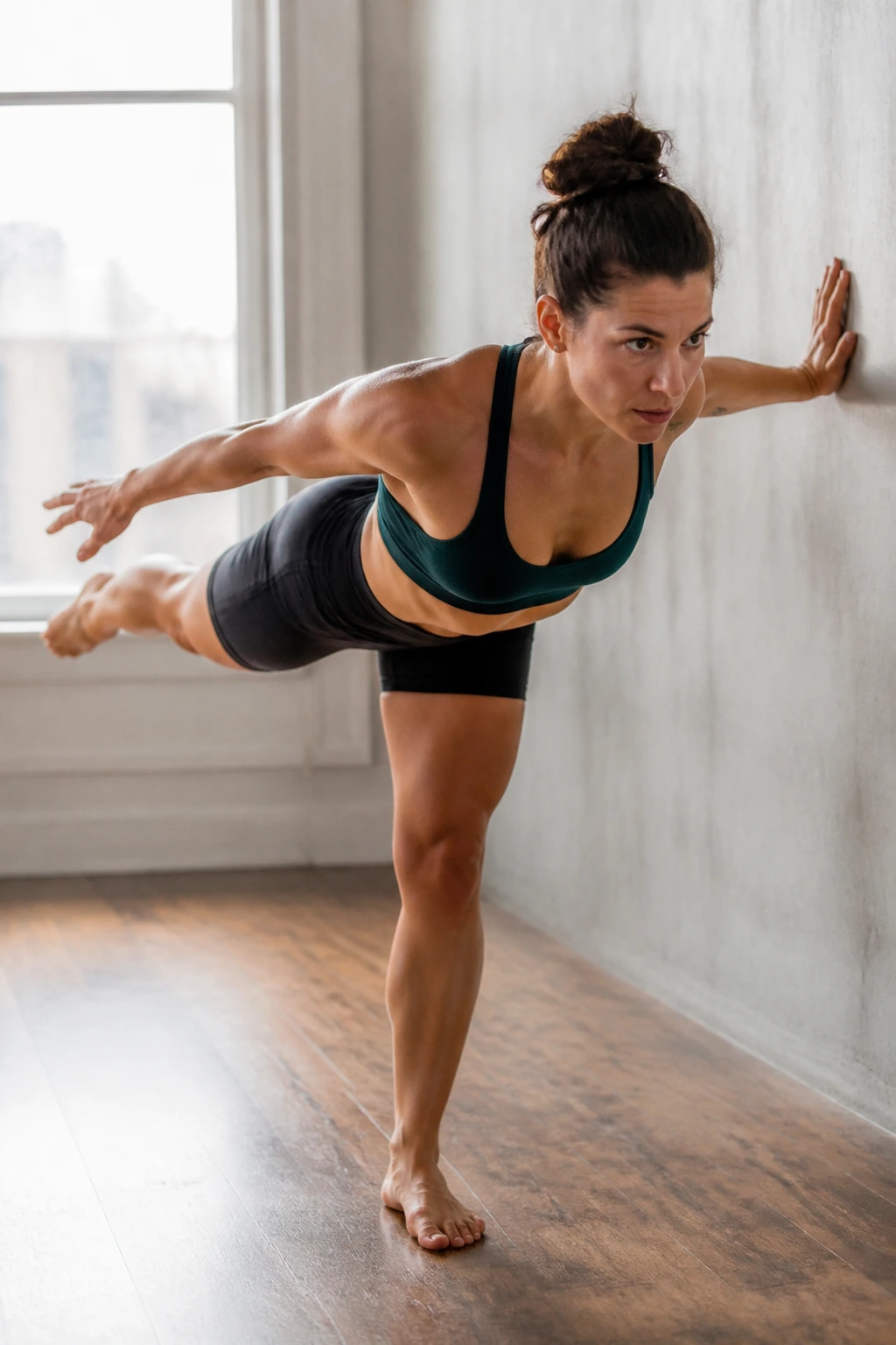 Medium close-up of a person performing a hip airplane exercise with pelvic rotation