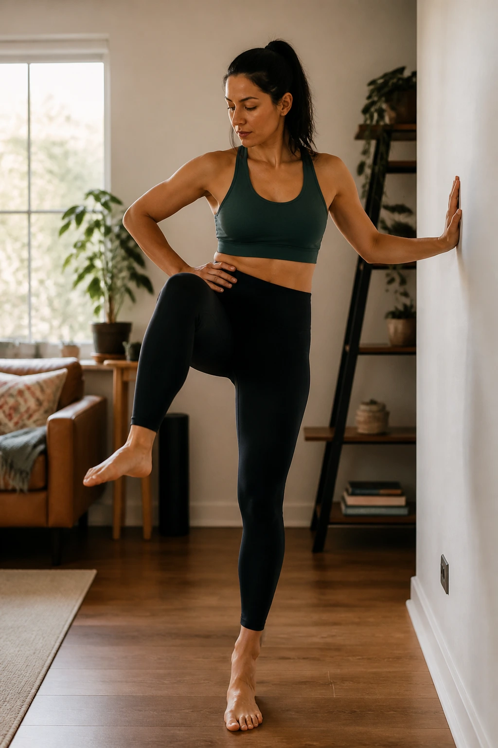 Close-up of a person performing hip circles with one knee lifted in a cozy living room