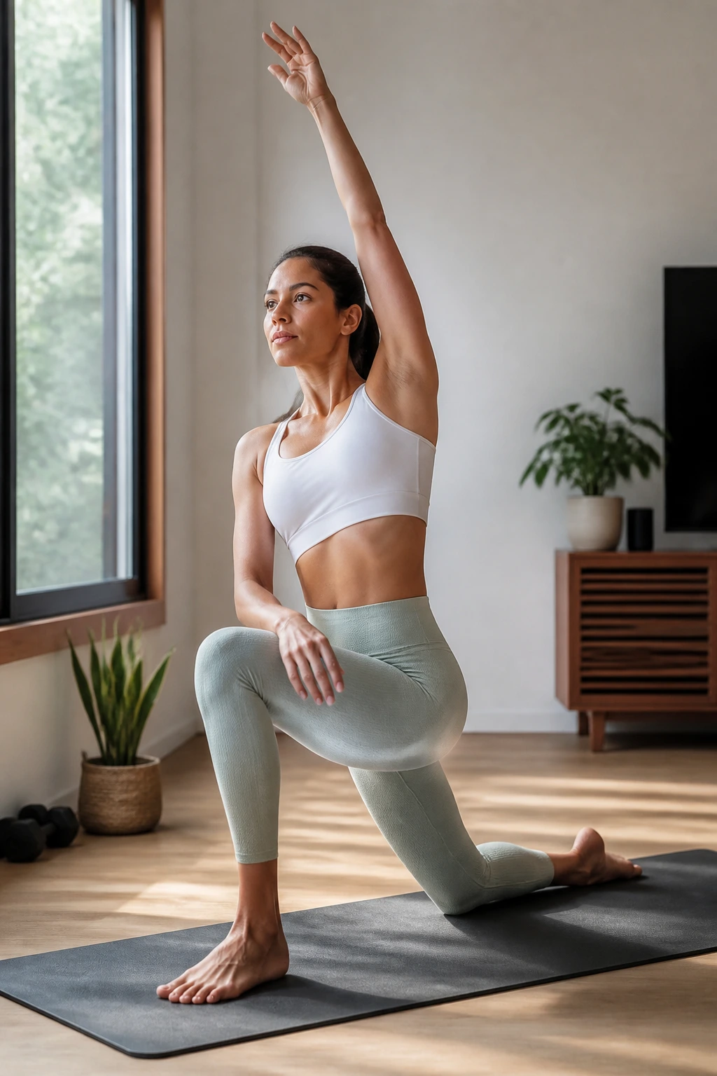 Person in kneeling hip flexor lunge performing the stretch with upright torso.