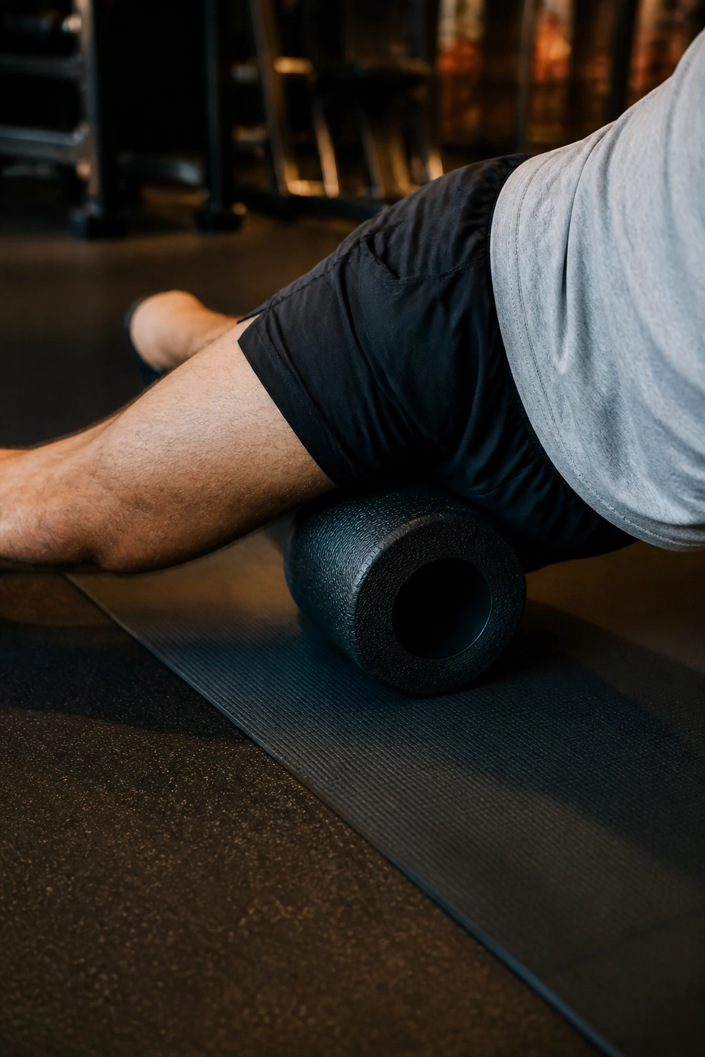 Hip flexors being foam rolled on the hip crease