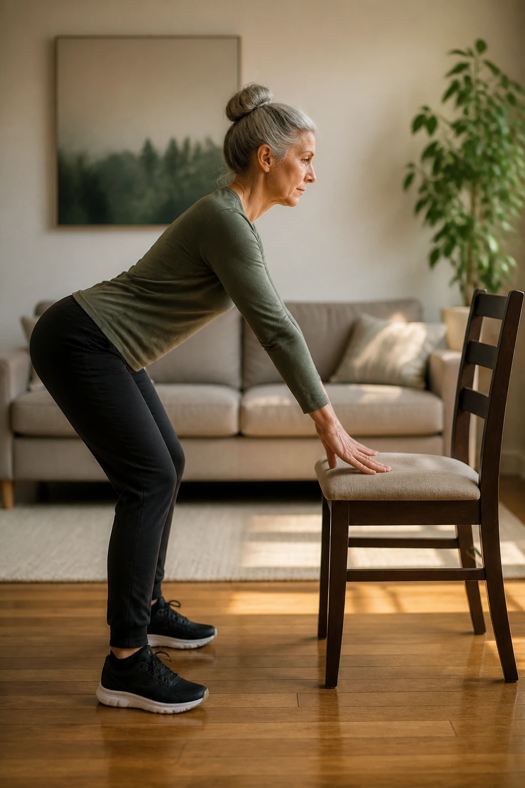 Profile view of a person performing hip hinge near a chair in a living room