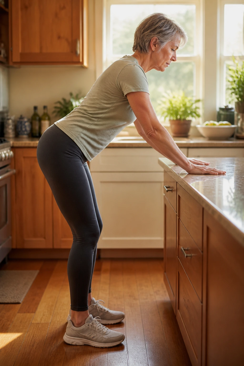 Real person performing standing hip hinge at kitchen counter with hips back and long spine