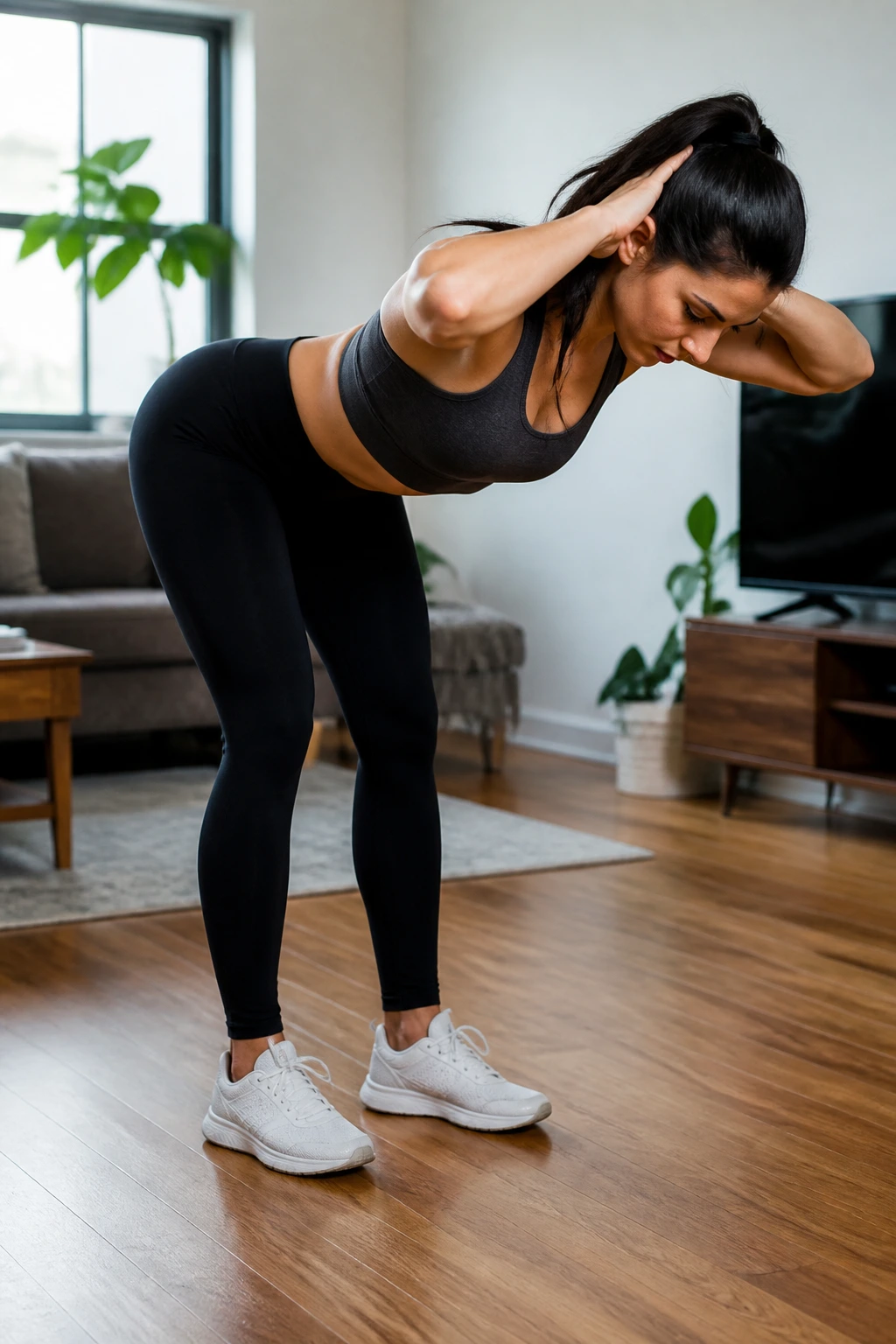 Real person performing hip hinge good morning with long spine in home setting