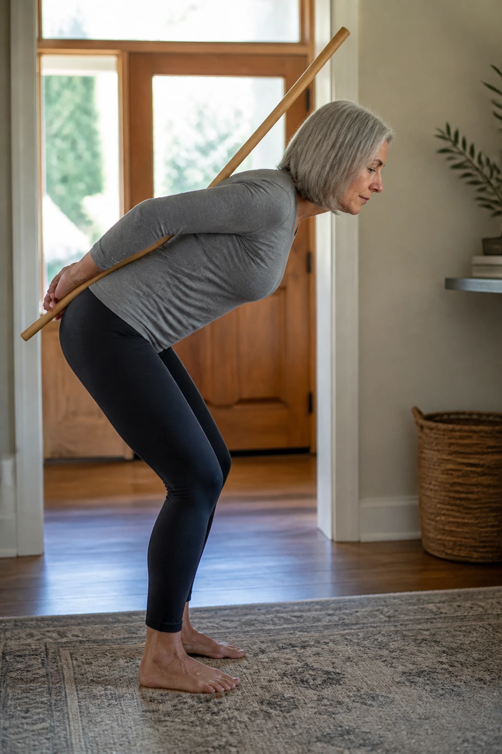 Senior performing hip hinge with broom handle guidance
