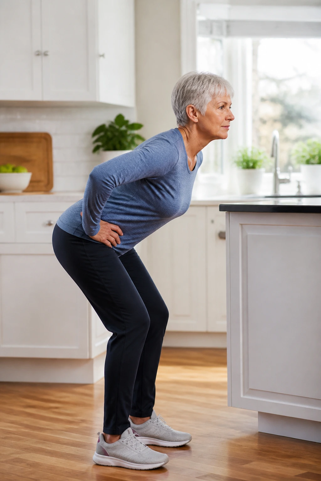 Older adult demonstrates standing hip hinge in kitchen