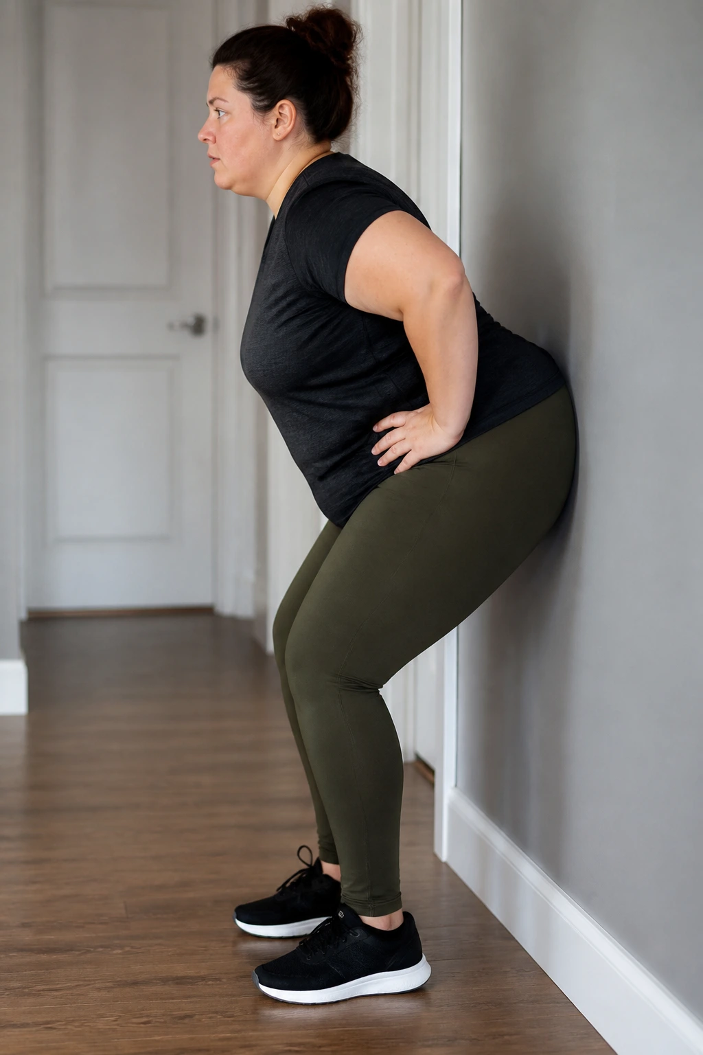 Side-view portrait of a real person performing a hip hinge drill against a wall at home.
