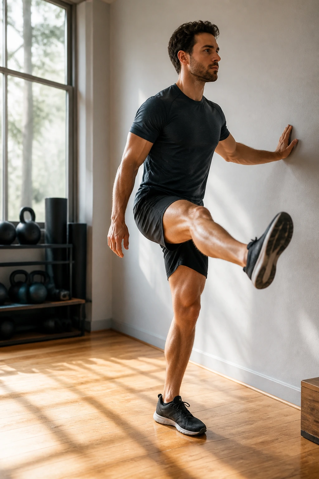 Close-up of a person performing Standing Leg Swings with leg in mid-swing