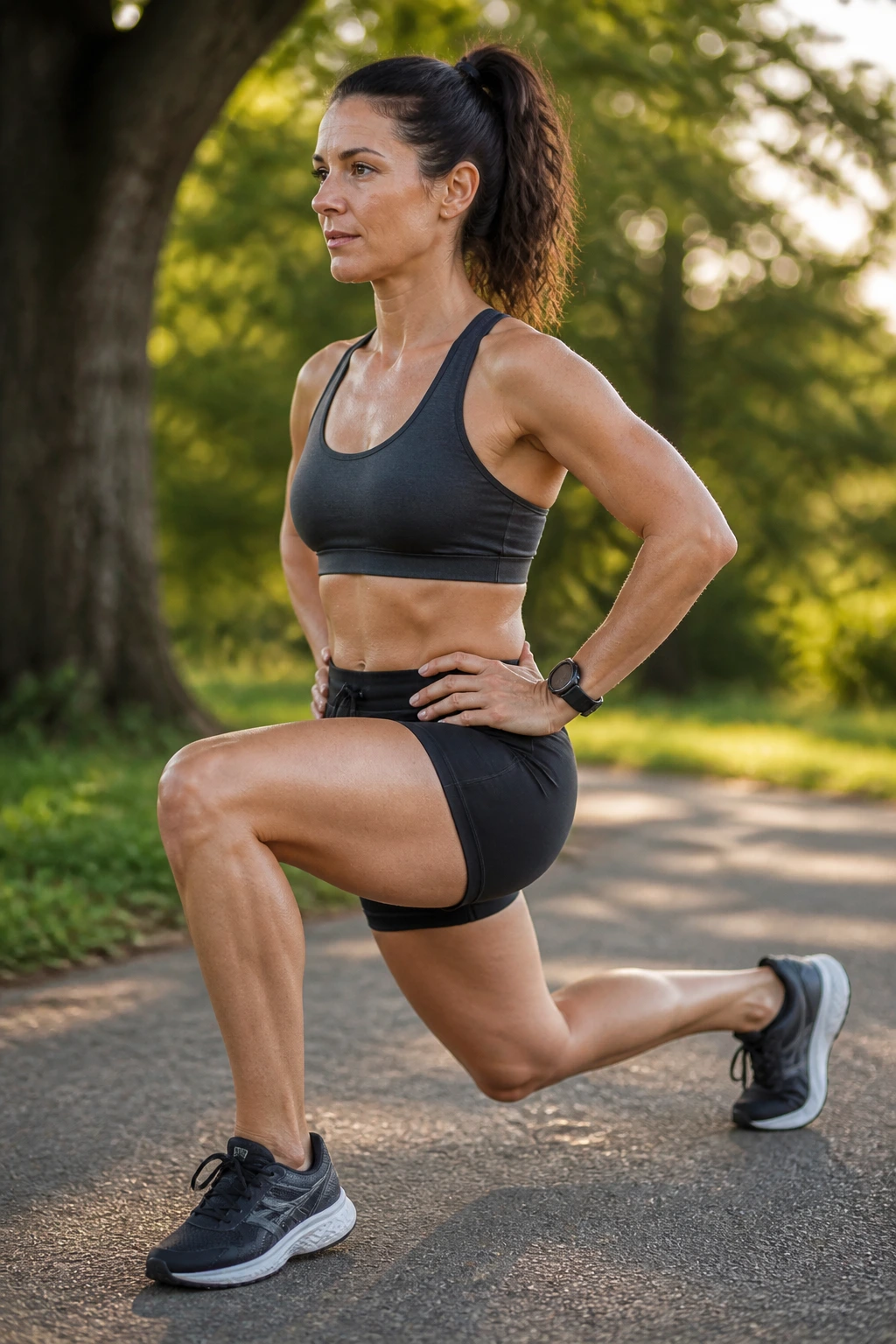 Runner performing split squat outdoors with hip, calf, and core emphasis