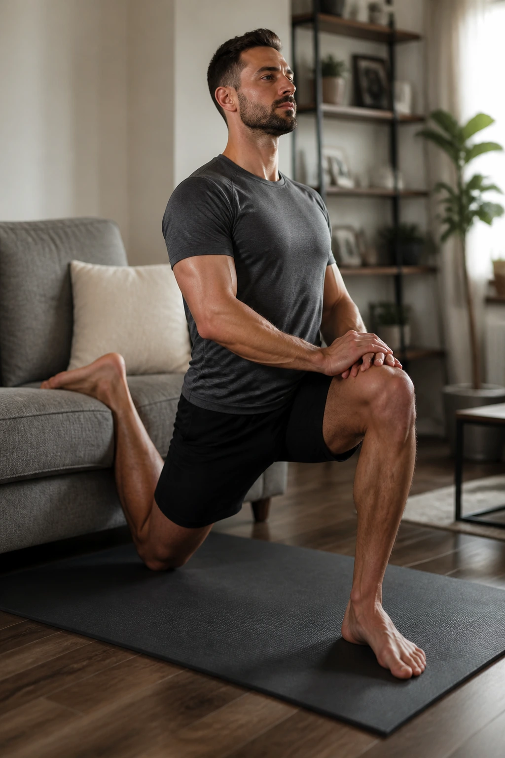 Medium close-up of a person performing couch stretch hip flexor in a living room