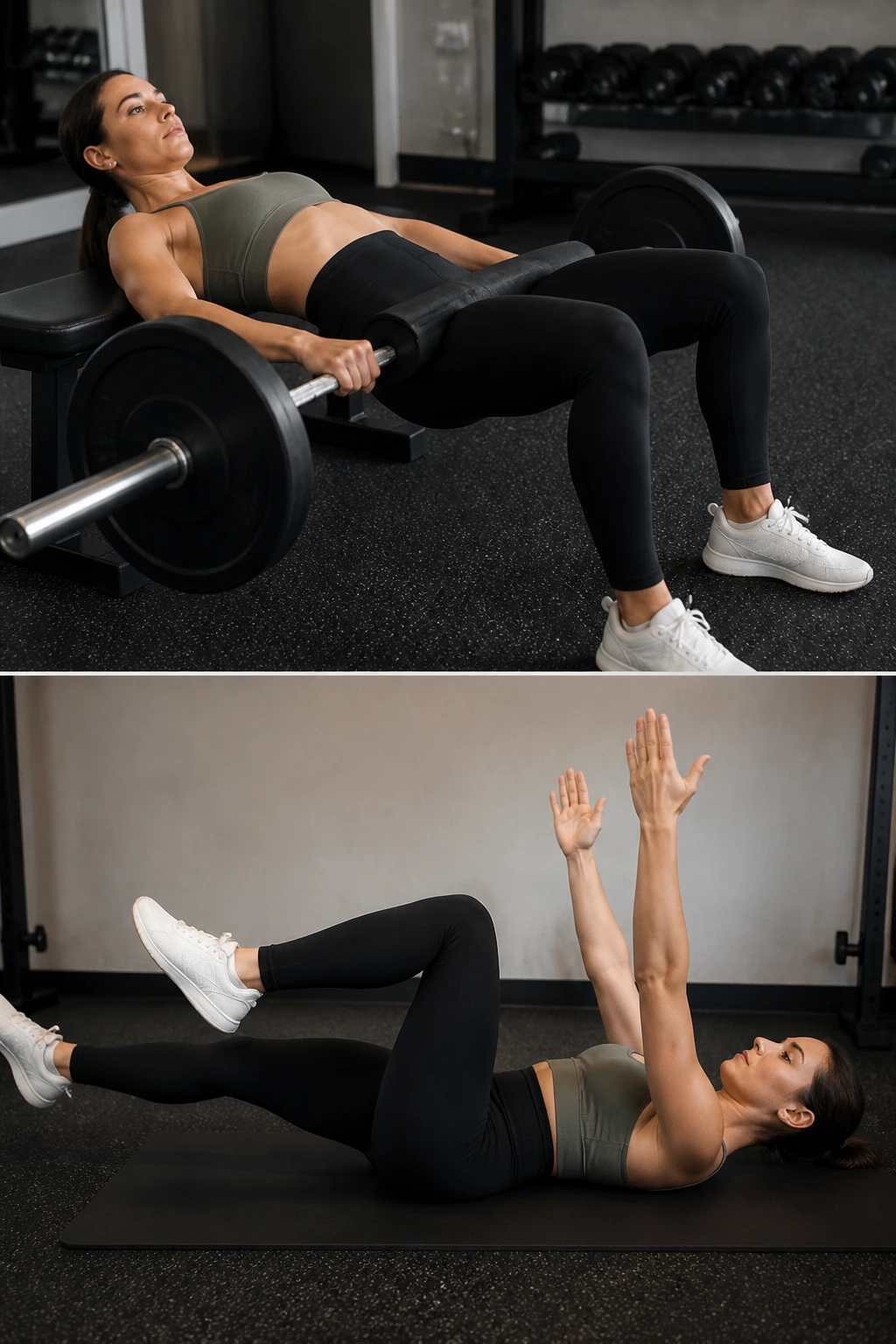 Real person demonstrates hip thrust and dead bug in split-frame setting