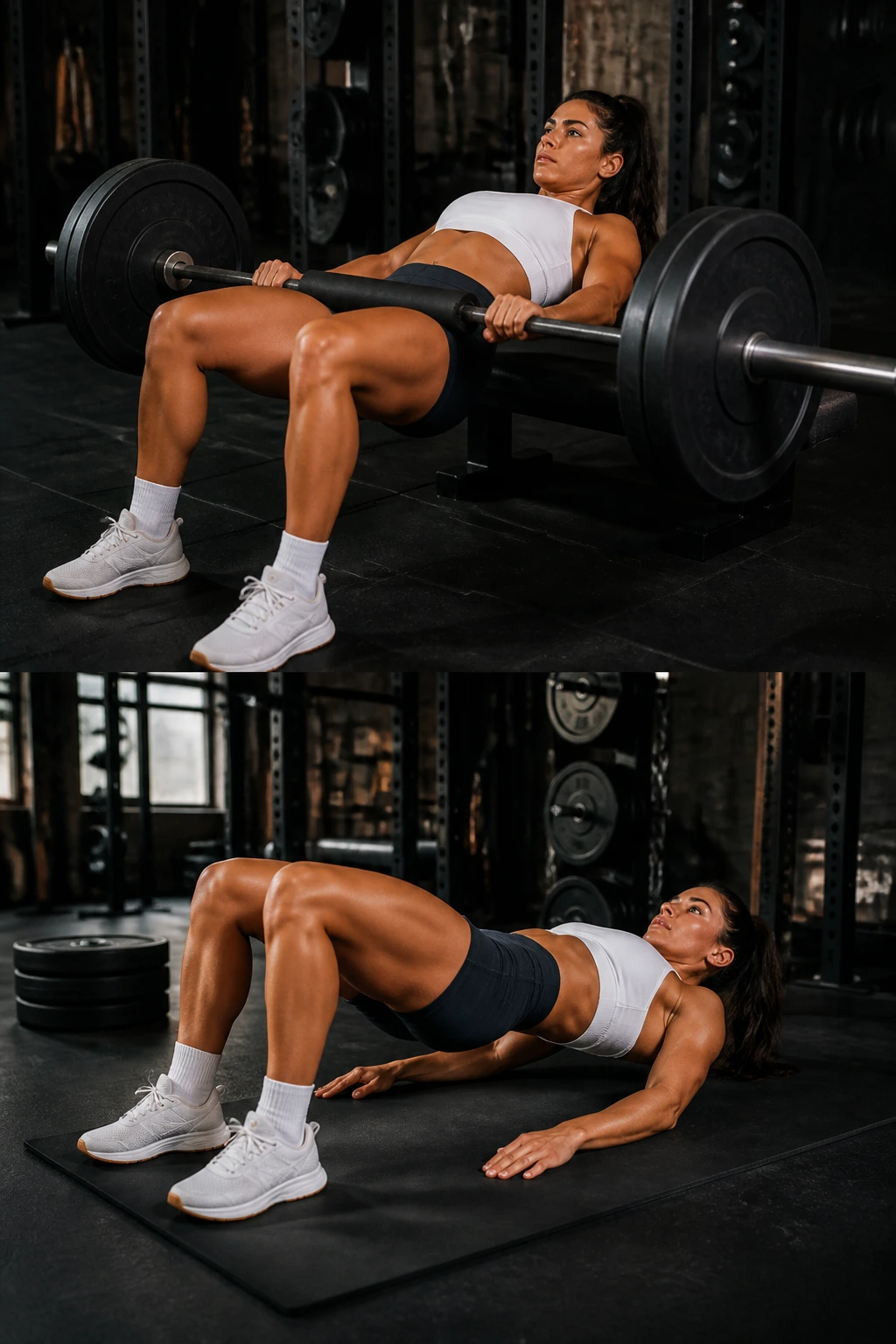 Athlete performing hip thrust and glute bridge drop set in gym