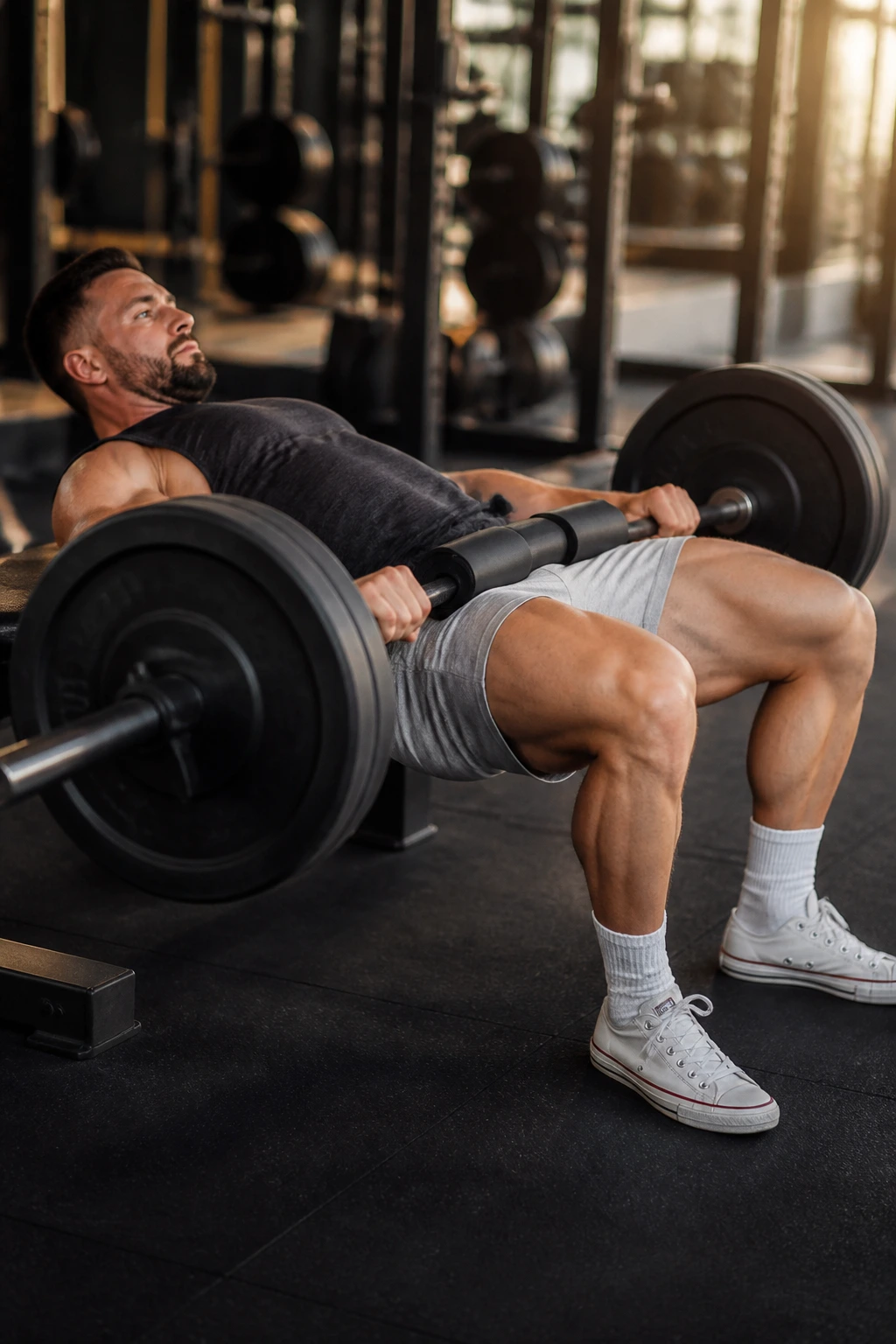 Close-up of person performing hip thrust with barbell on hips in gym