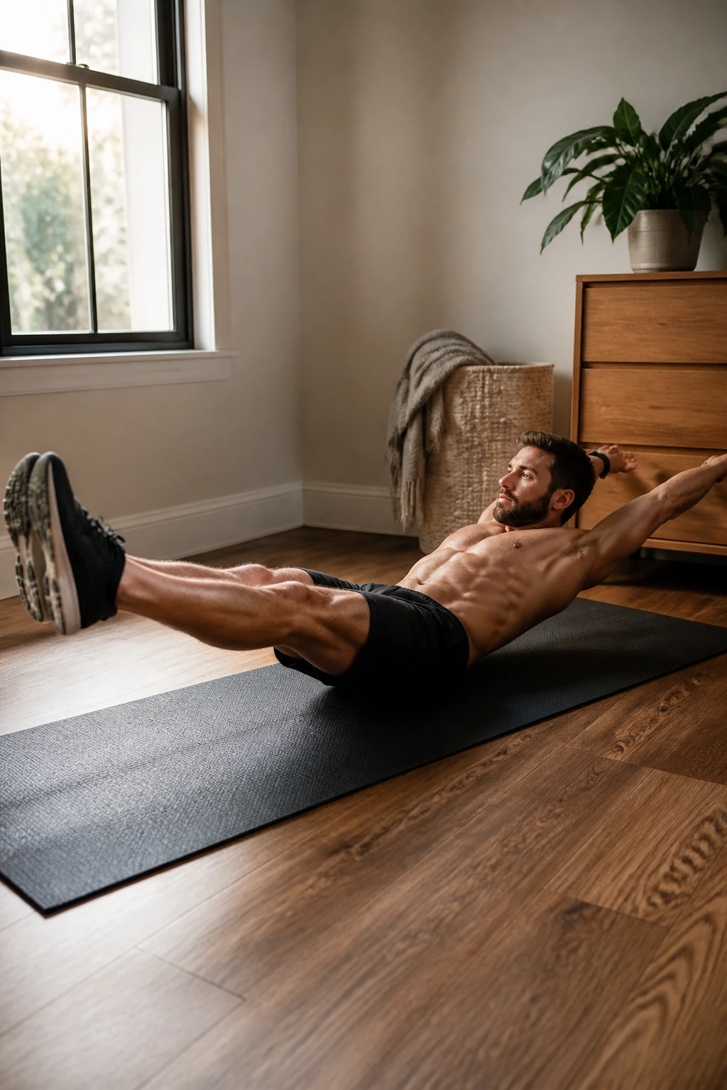 Close-up of a person performing hollow body hold illustrating rib-tuck and leg lift.