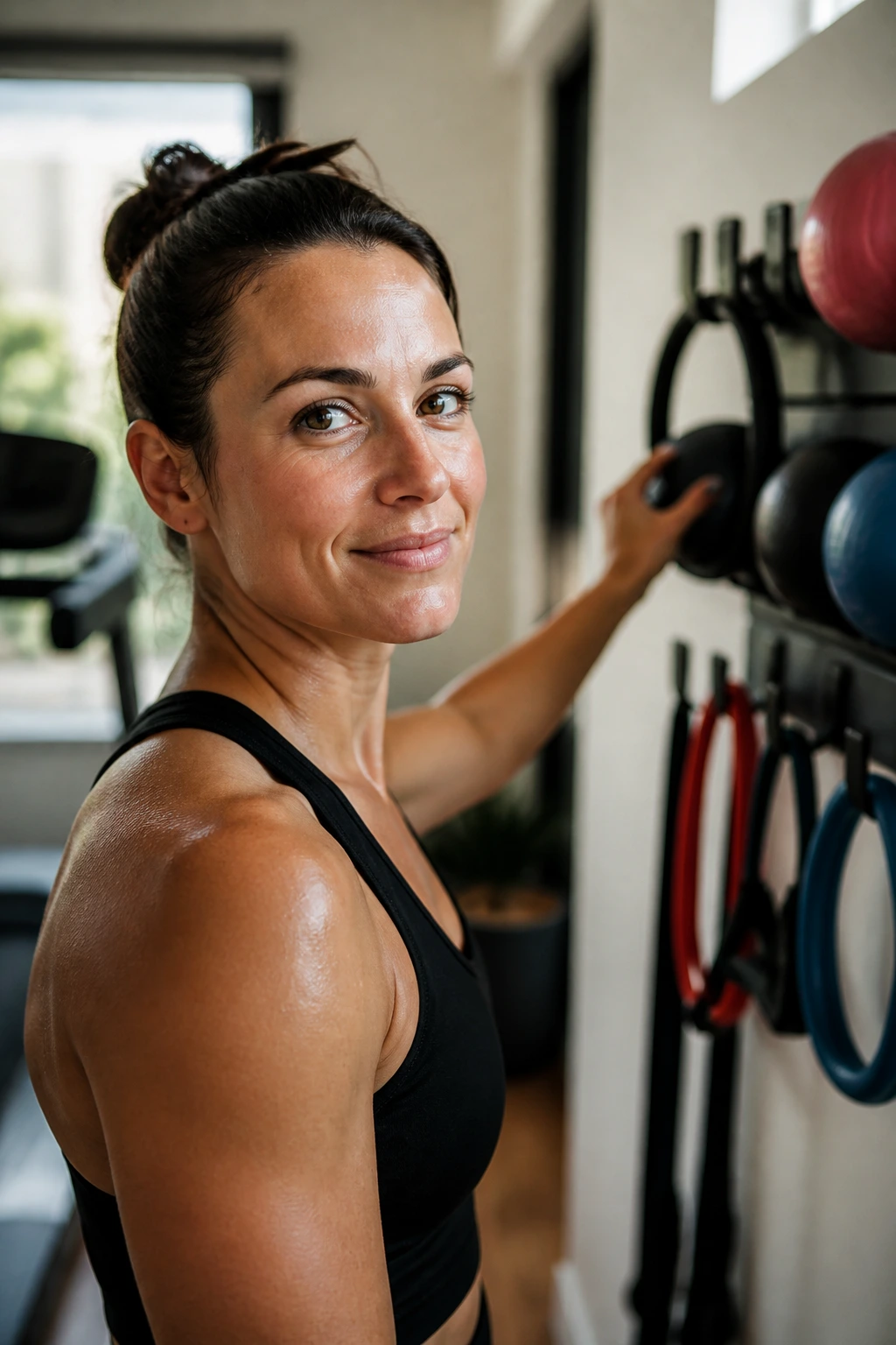 Real adult selecting a home cardio finisher from a rack in a small home gym