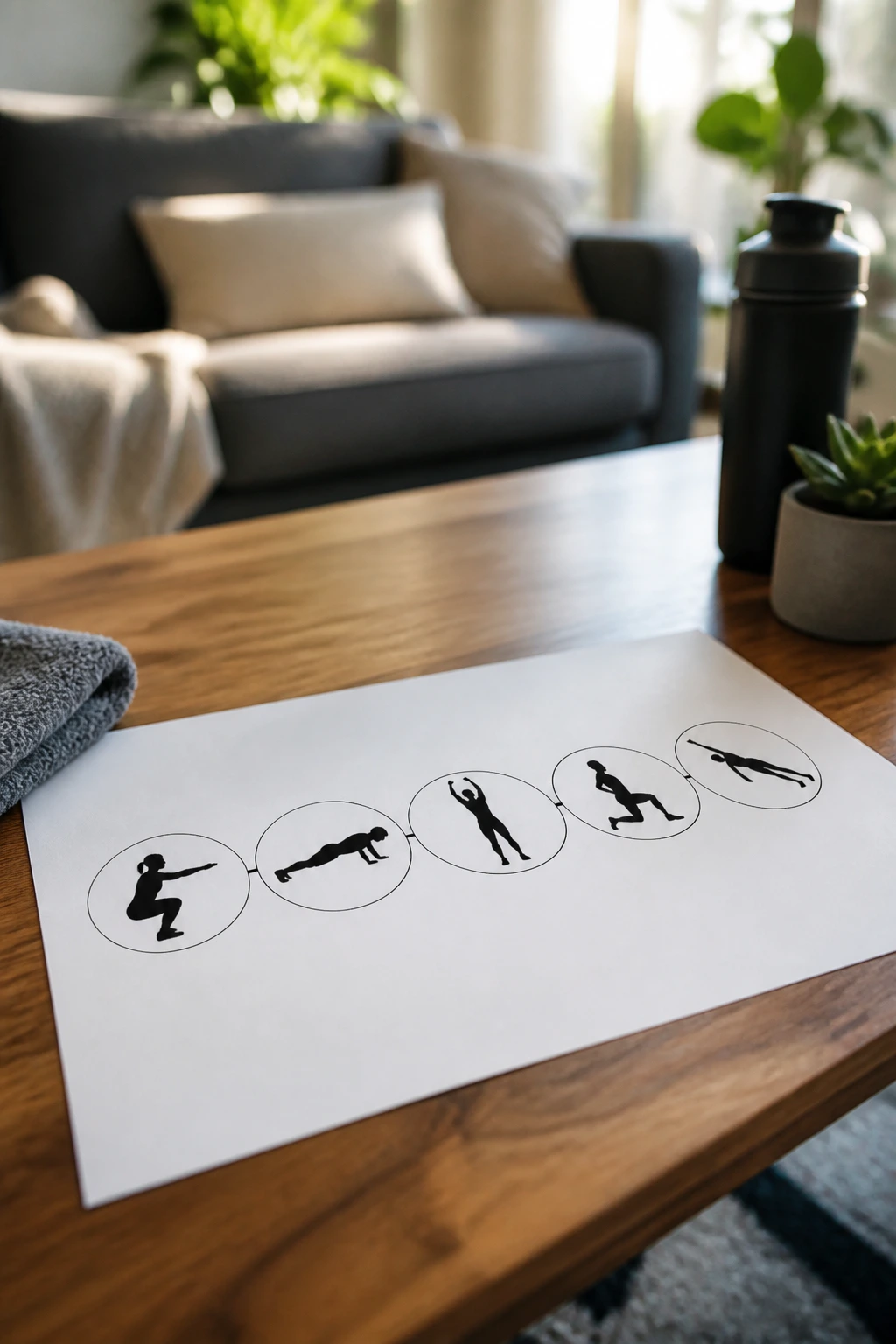 Close-up of a minimalist home circuit planner with exercise icons on living room table