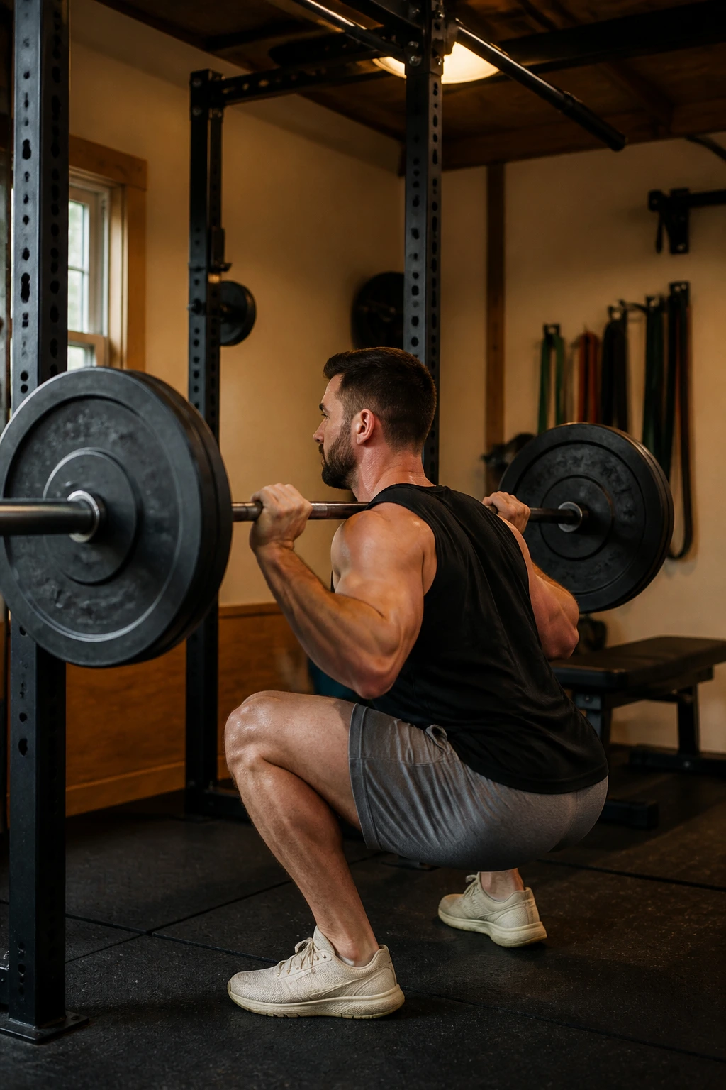 Lifter performing a barbell squat in a small home gym setup