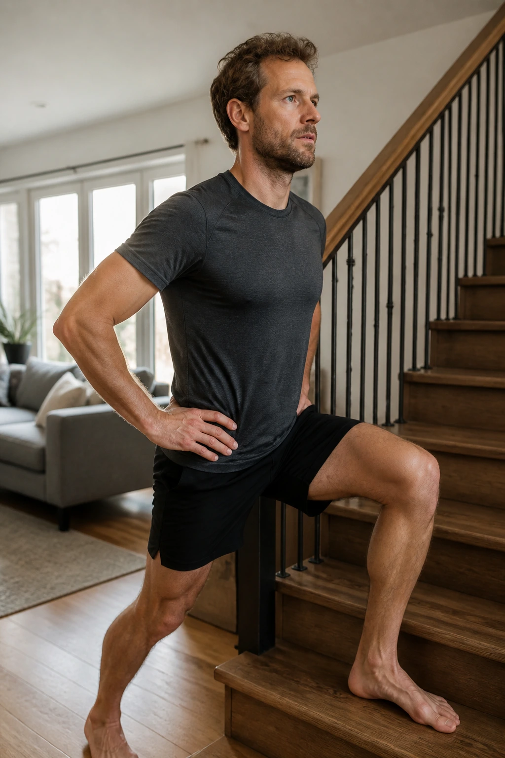 Runner performing no-equipment lunge on home stairs