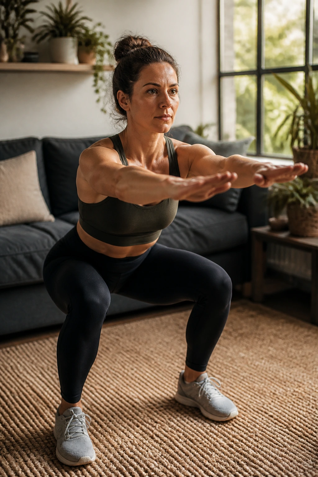 Medium close-up of a person performing an air squat in a home living room.