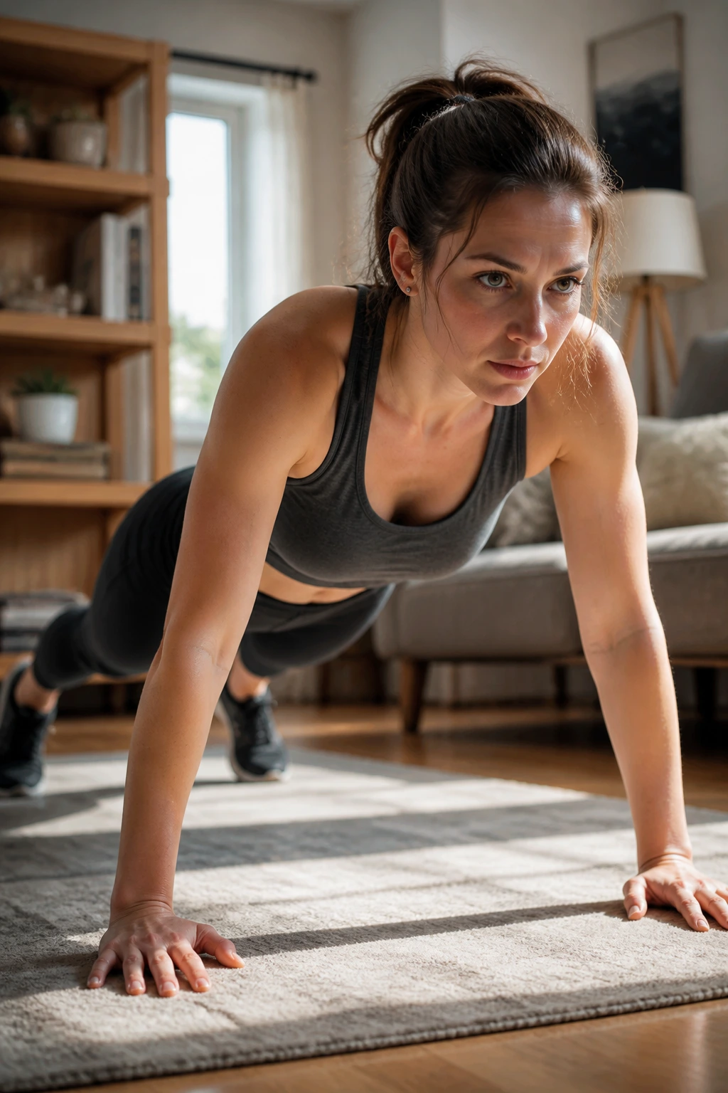Real person doing a quick home workout in a living room, short-session plan in action