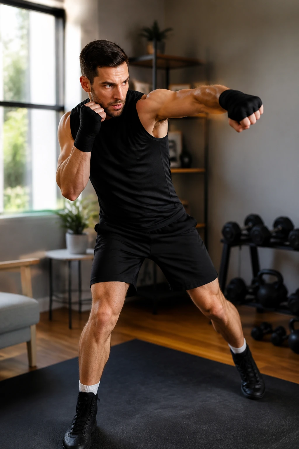 Fighter performing hook and uppercut pyramid in a home gym