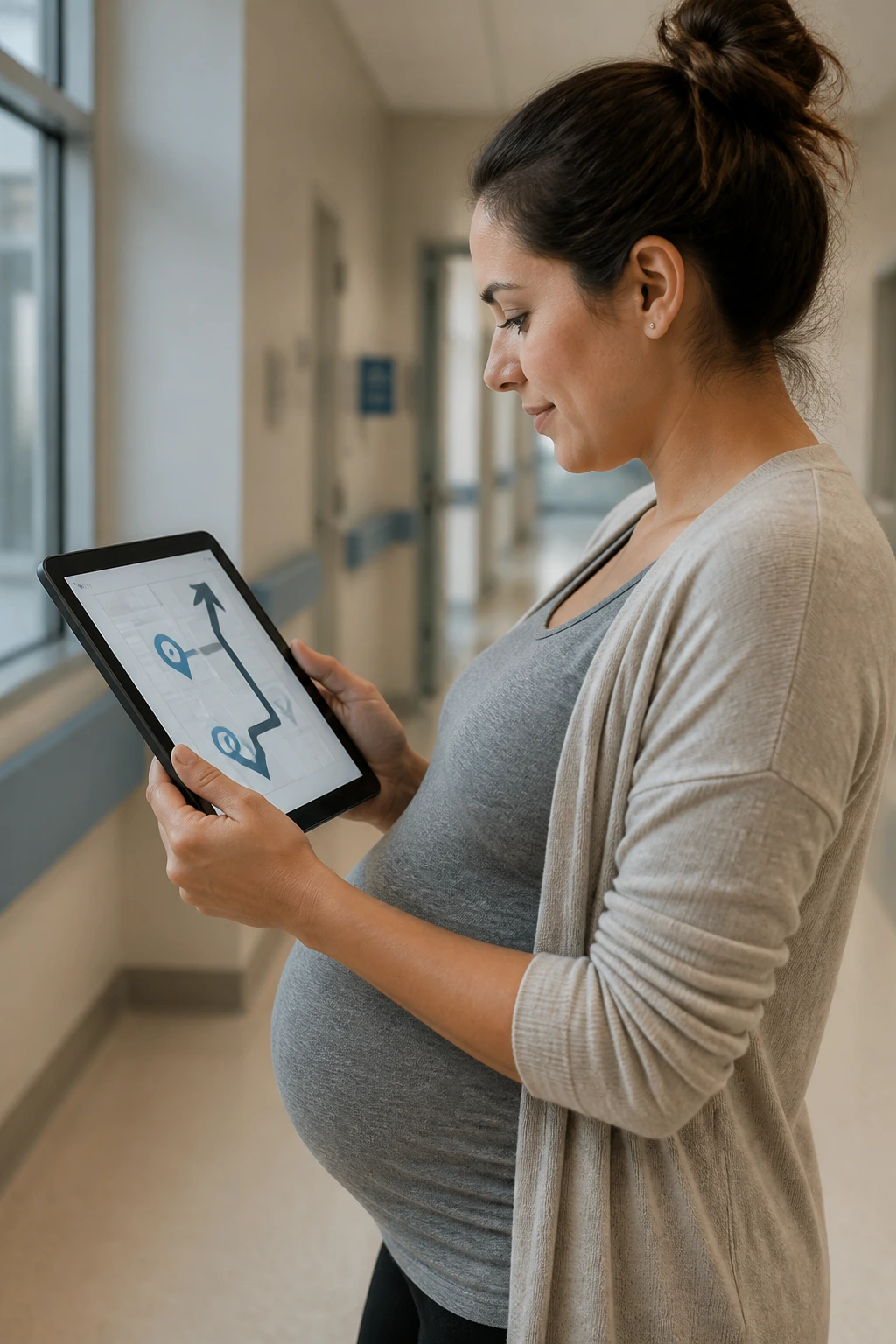 Pregnant person in hospital corridor viewing a tablet with directional icons