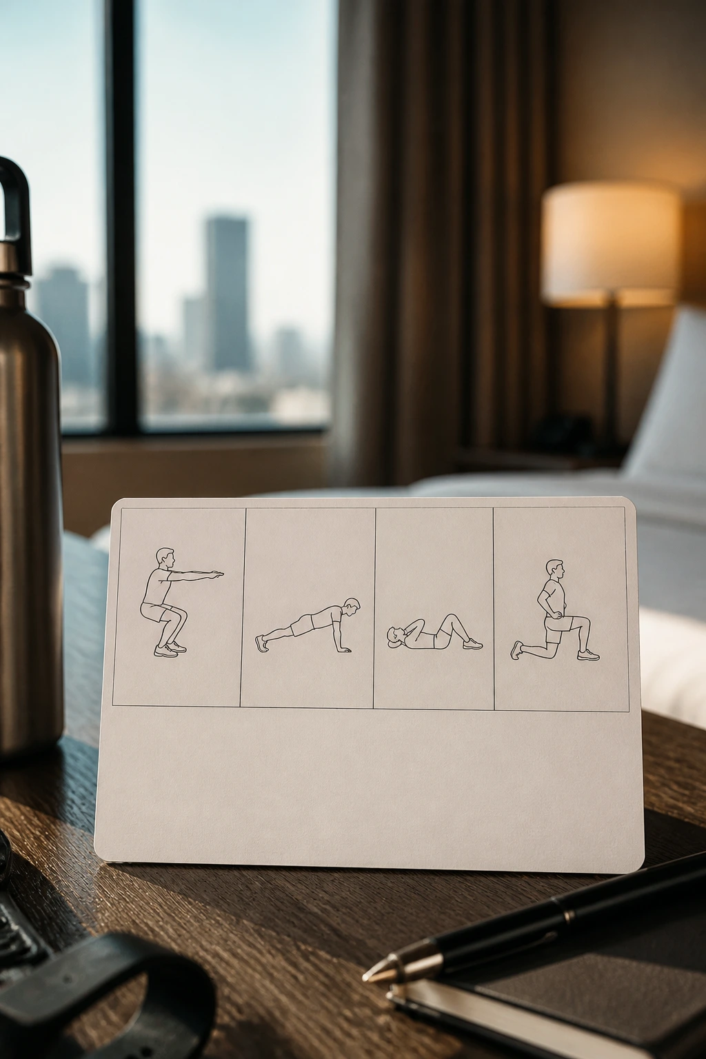 Hotel-room workout card with simple exercise icons and no text