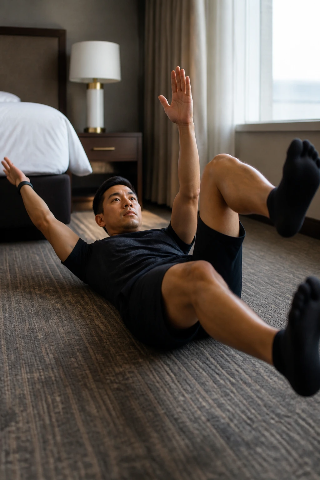Medium close-up of a person doing a quiet dead bug exercise on a hotel room floor