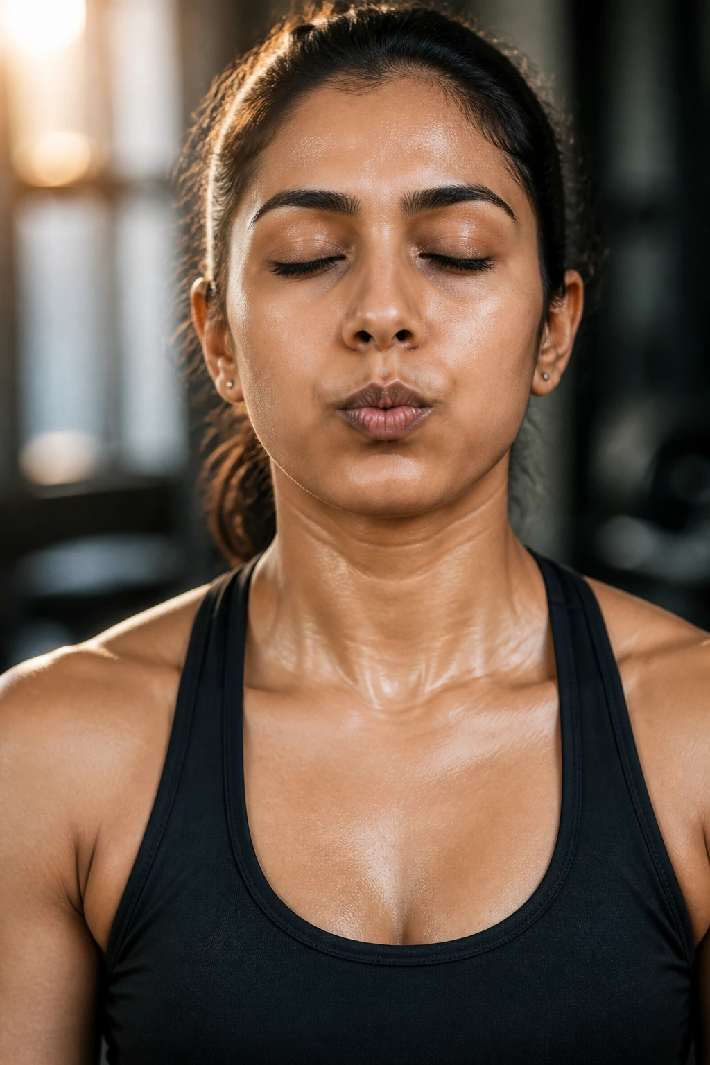Person humming with closed mouth, throat vibration evident.