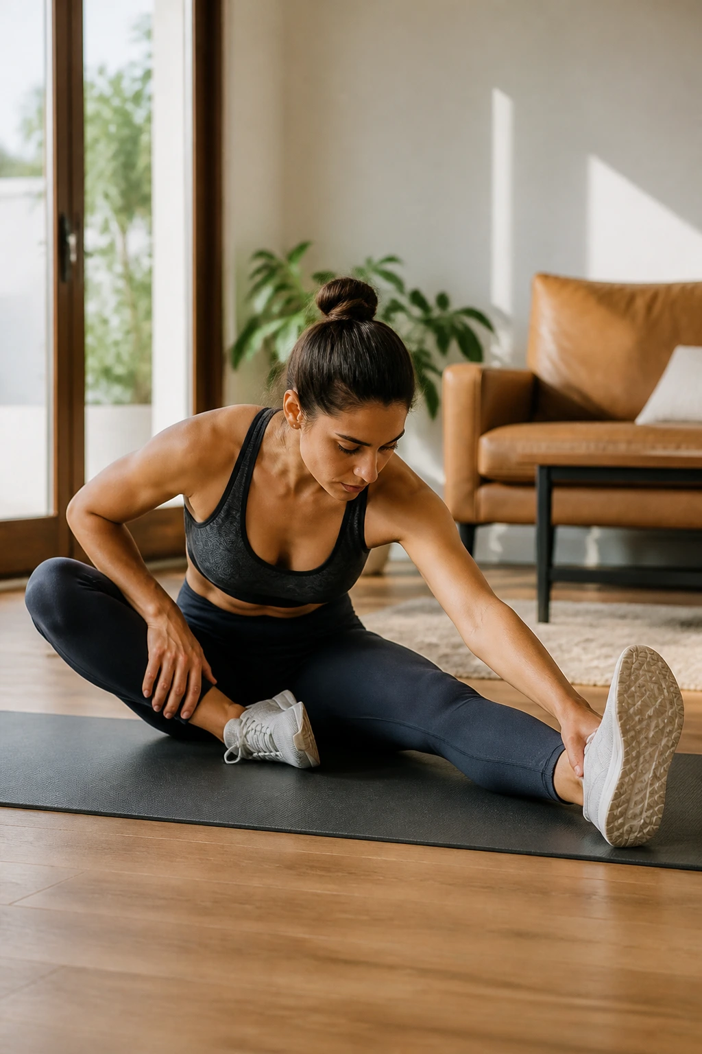 Medium shot of a person performing Hurdler’s Stretch with one leg extended and the other bent
