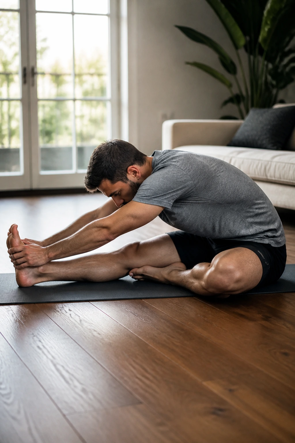 Person performing hurdler stretch with hamstrings and inner thigh stretch
