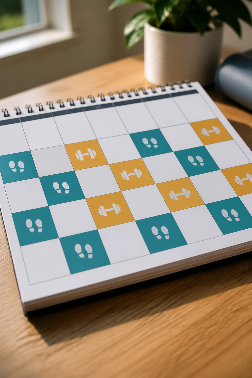 Calendar grid with color blocks for cardio and strength days on a desk, minimalist icons inside blocks