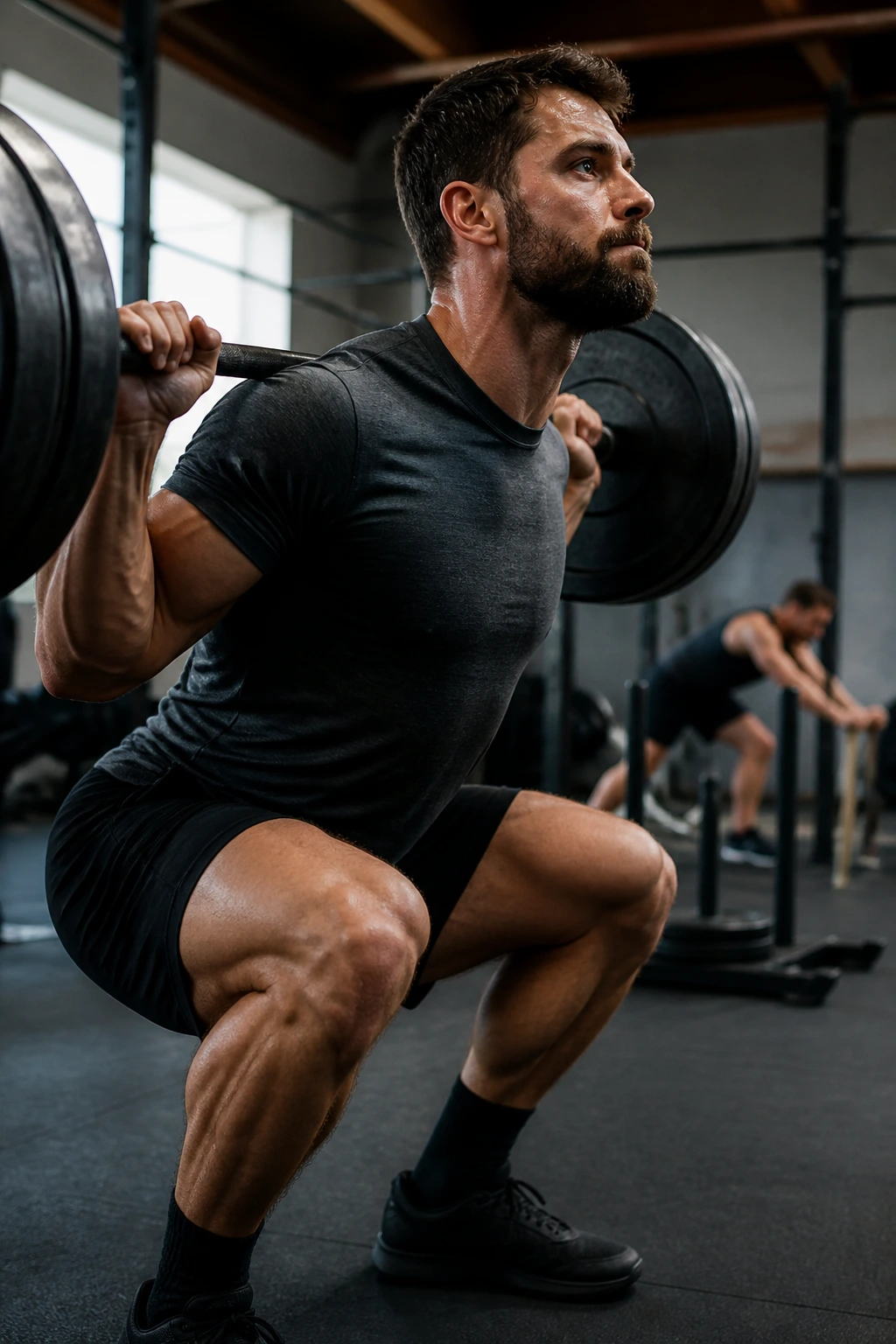 Medium close-up of lifter performing heavy lower-body movement in gym to show hybrid plan