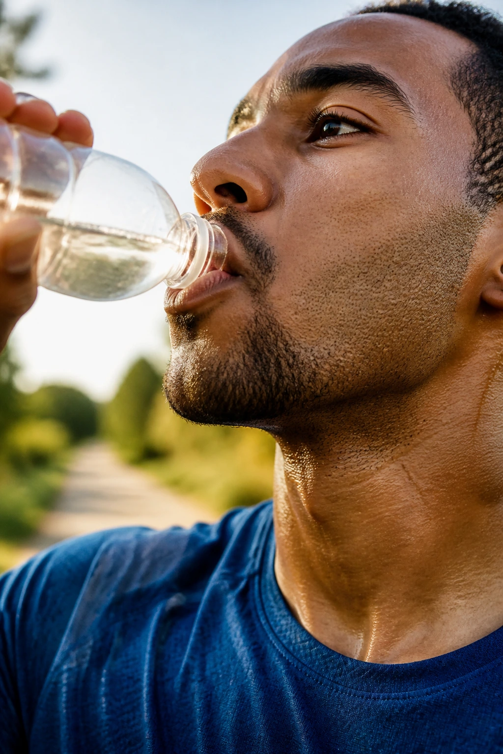 Runner swallowing water from a plain bottle during a long run