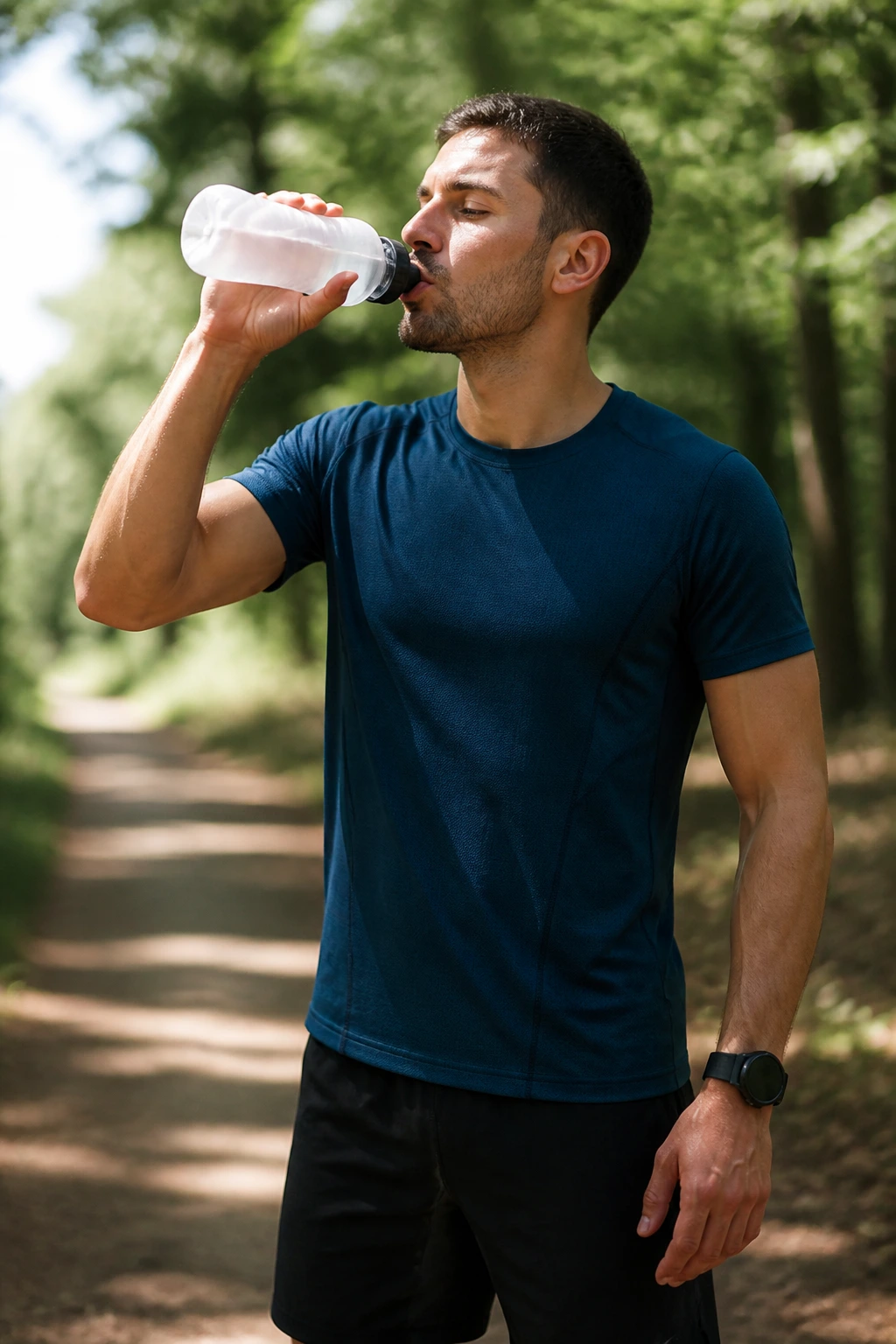 Runner drinking water on a training run along a forest trail